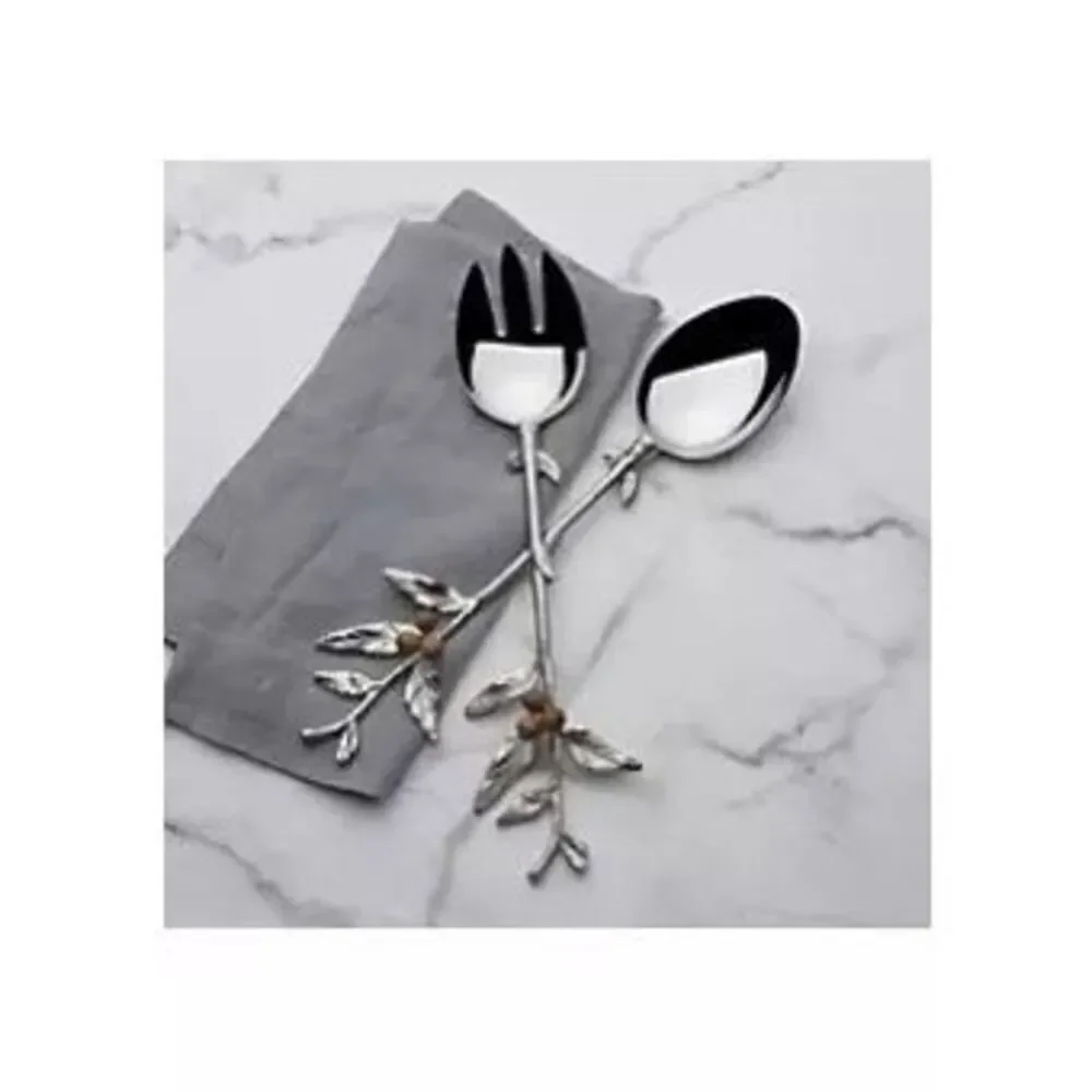 Fitz & Floyd Woodgrove Silver Tone Salad Serving Set Fork & Spoon Twigs
